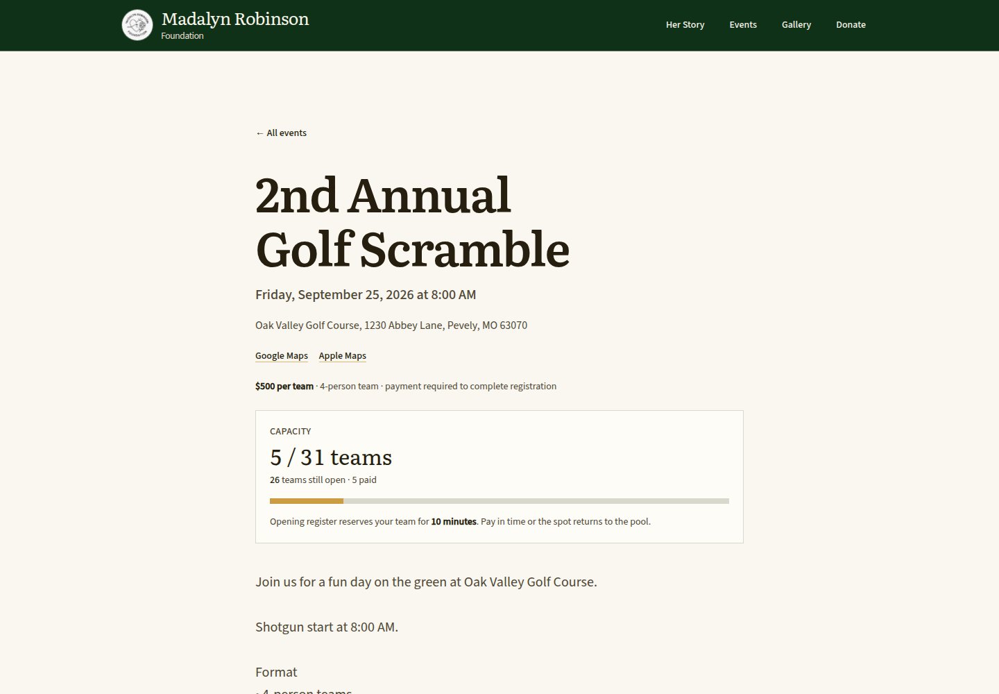 Golf scramble event detail with capacity