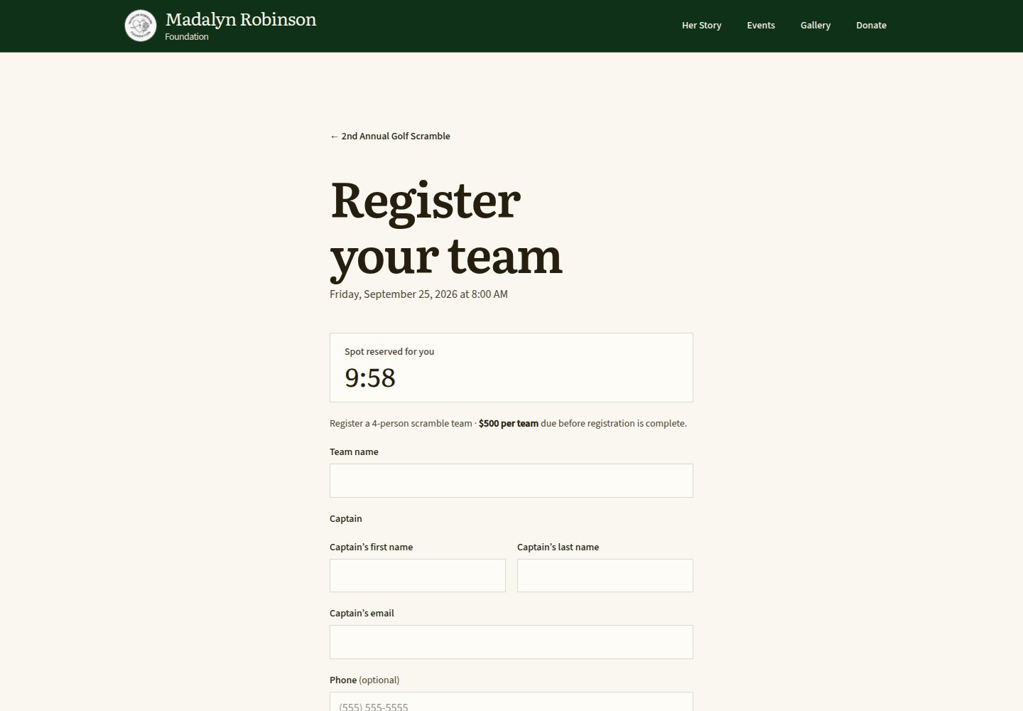 Team registration with capacity hold timer